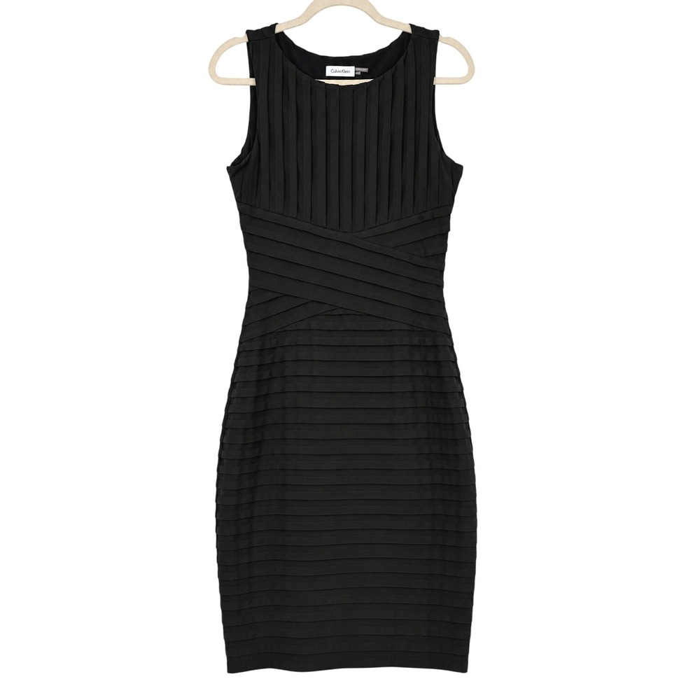 Calvin Klein Women Size 4 Sheath Dress Black Sleeveless Pleated Crisscross Waist